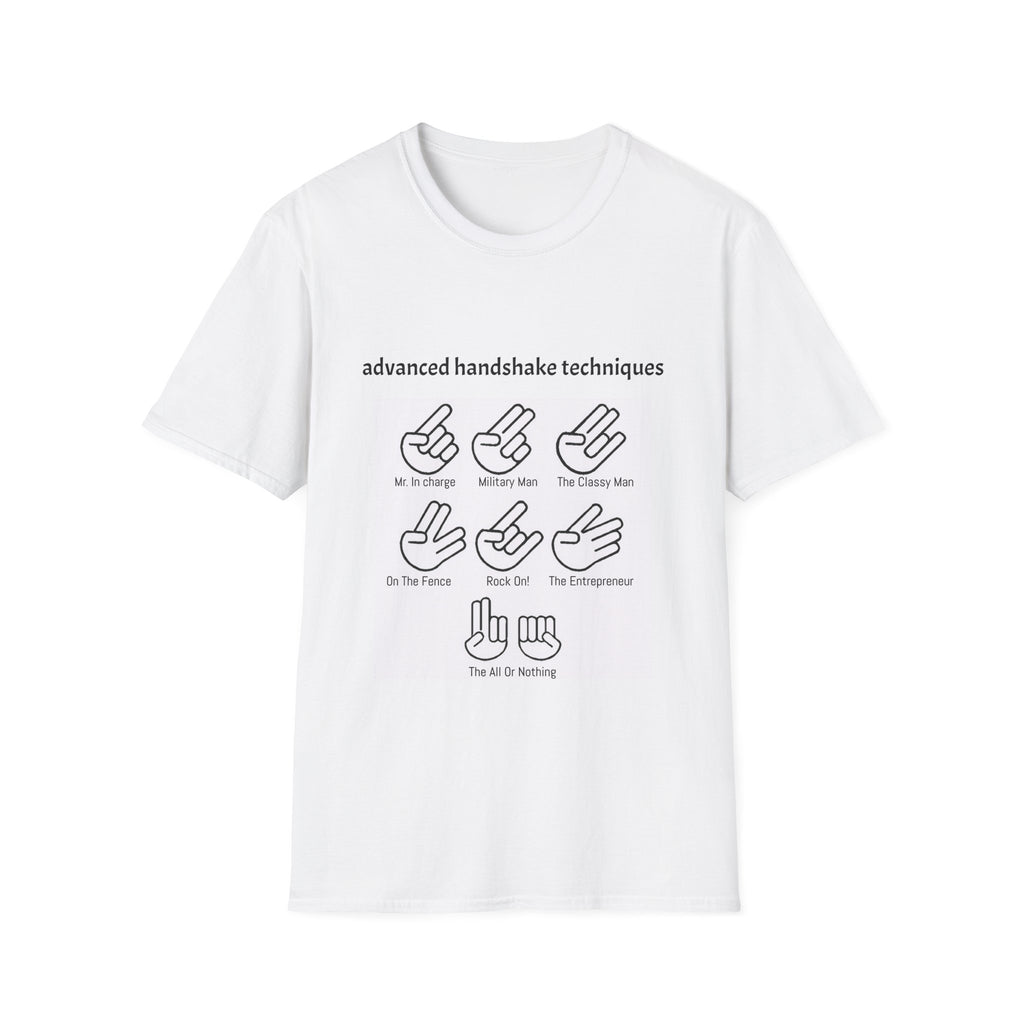 Advanced Handshake Techniques T-Shirt — Funny Diagram Graphic Tee