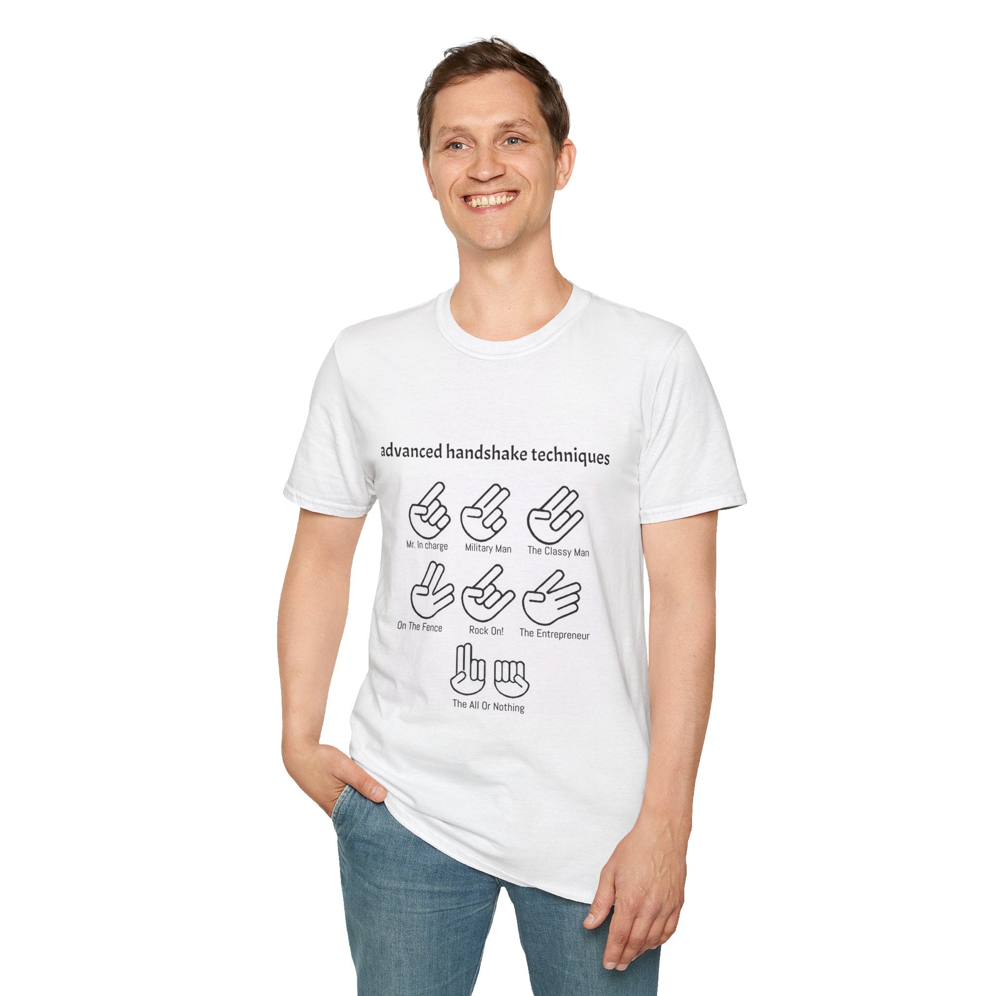 Advanced Handshake Techniques T-Shirt — Funny Diagram Graphic Tee